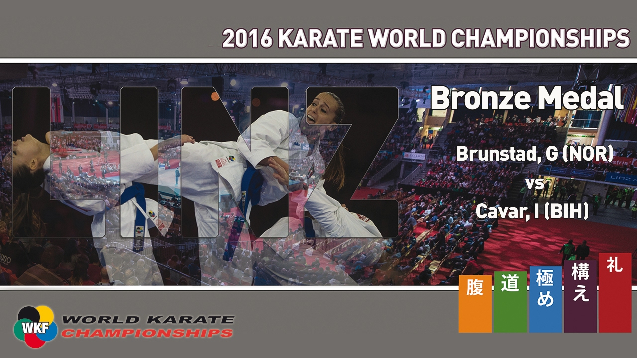BRONZE MEDAL. Female Kumite -68kg. Brunstad (NOR) vs Cavar (BIH). 2016 World Karate Championships background