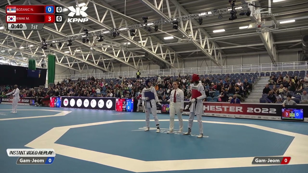 310 R-32 W-67kg ЁЯФ╡ BOZANIC Nadica SRB vs ЁЯФ┤ KWAK Min-ju KOR I Manchester 2022 World Taekwondo GP background