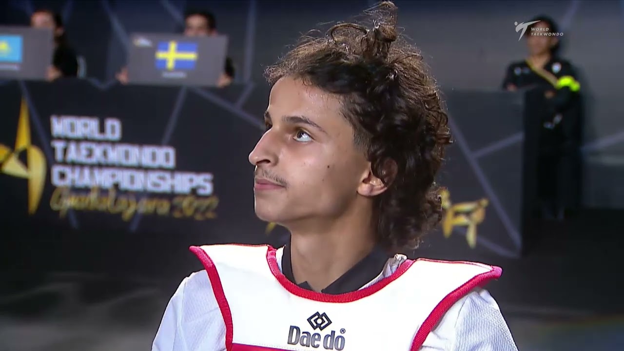 403 M-54kg R-64 TLEULES Tamirlan KAZ đ” vs đŽ MARWAN Ebrahim SWE I Guadalajara 2022 WT Championships backdrop
