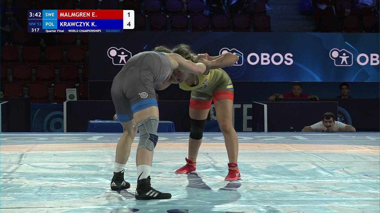 1/4 WW - 53 kg: E. MALMGREN (SWE) v. K. KRAWCZYK (POL) background