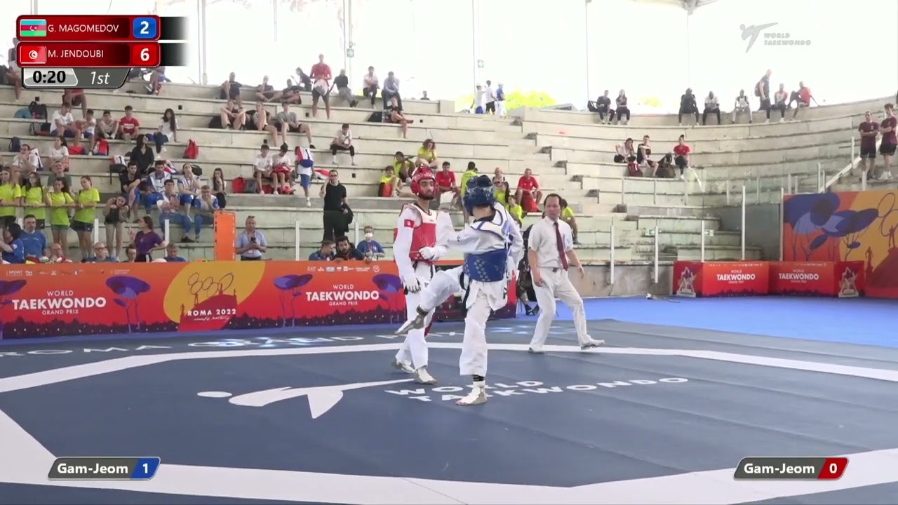 318 M-58kg R-16 MAGOMEDOV Gashim AZE đ” vs đŽ JENDOUBI Mohamed khalil TUN I Rome 2022 WT GP background