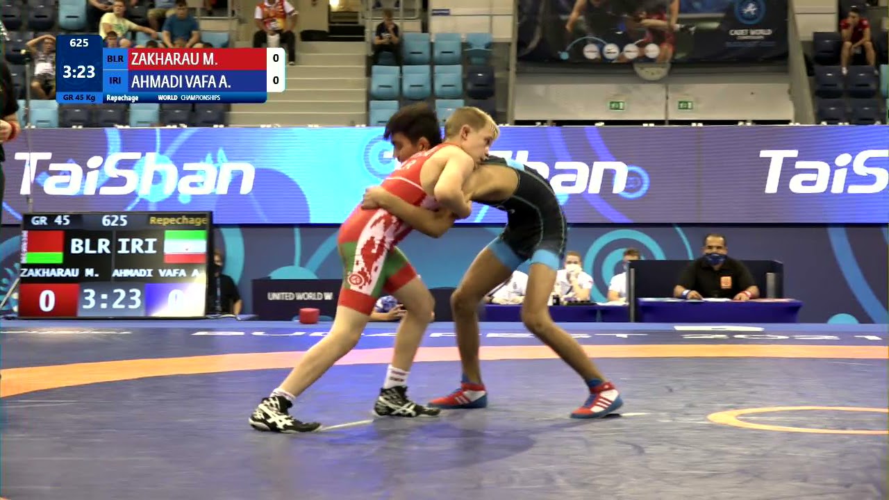 Repechage GR - 45 kg: M. ZAKHARAU (BLR) v. A. AHMADI VAFA (IRI) background