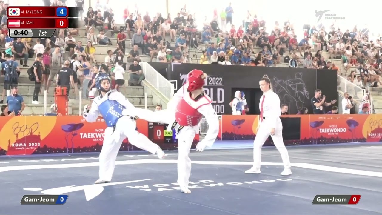 105 W+67kg R-32 MYEONG Mi-na KOR 🔵 vs 🔴 JAHL Marlene AUT I Rome 2022 World Taekwondo GP background