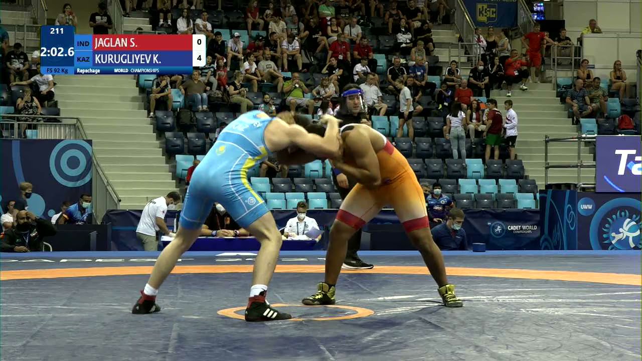 Repechage FS - 92 kg: S. JAGLAN (IND) v. K. KURUGLIYEV (KAZ) background
