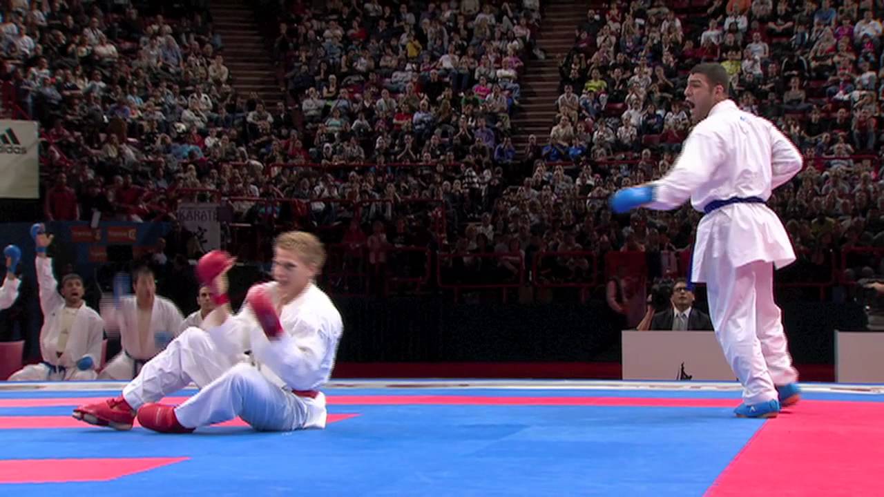 (2/5) Bronze Male Team Kumite Netherlands vs Iran. WKF World Karate Championships 2012 backdrop