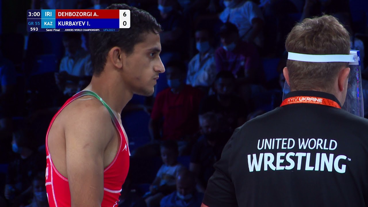 1/2 GR - 55 kg: A. DEHBOZORGI (IRI) v. I. KURBAYEV (KAZ) background