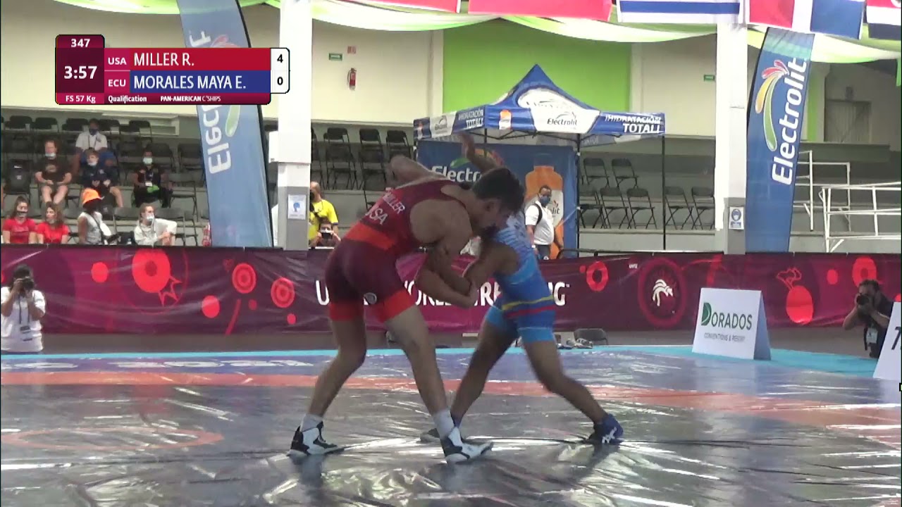 Qual. FS - 57 kg: R. MILLER (USA) v. E. MORALES MAYA (ECU) background