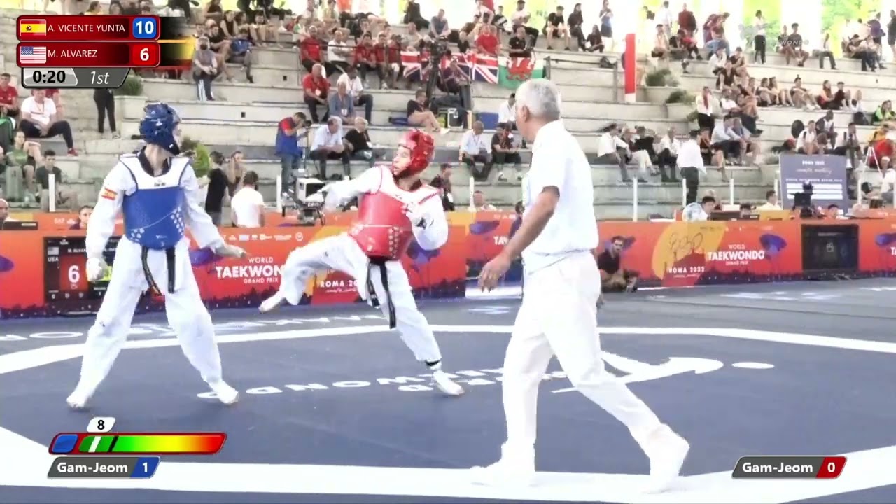 319 M-58kg R-16 VICENTE YUNTA Adrian ESP 🔵 vs 🔴 ALVAREZ Melvy USA I Rome 2022 World Taekwondo GP background