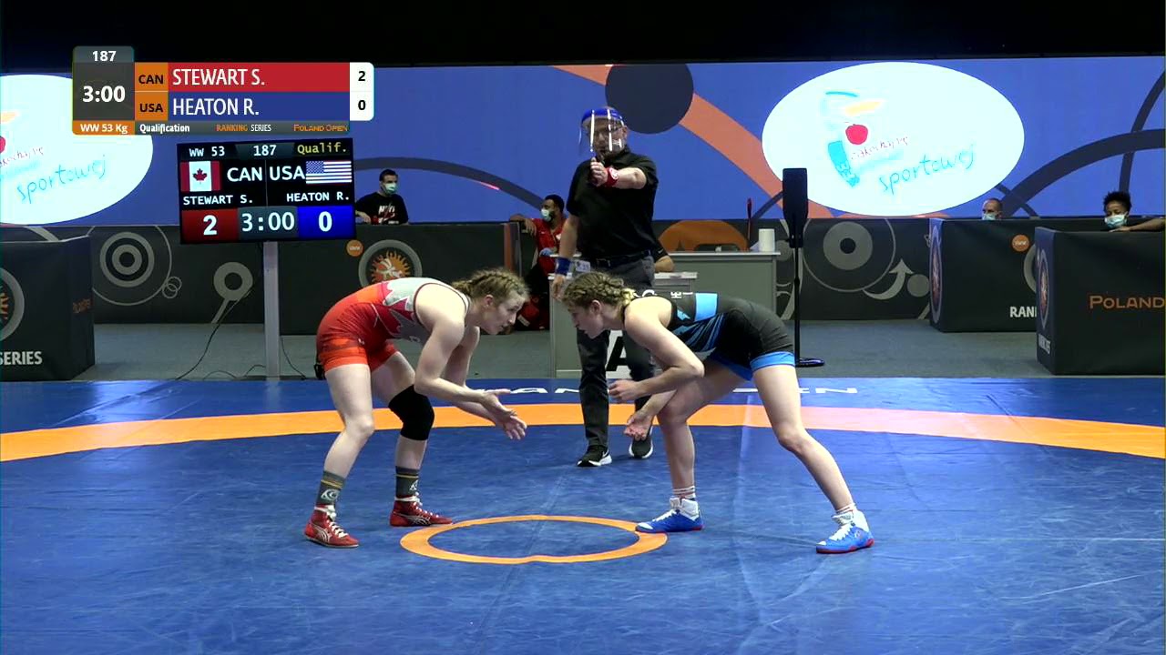 Qual. WW - 53 kg: S. STEWART (CAN) v. R. HEATON (USA) background