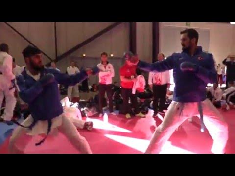 TURKEY male team kumite warming up before the competition. 2016 European Karate Championships. background