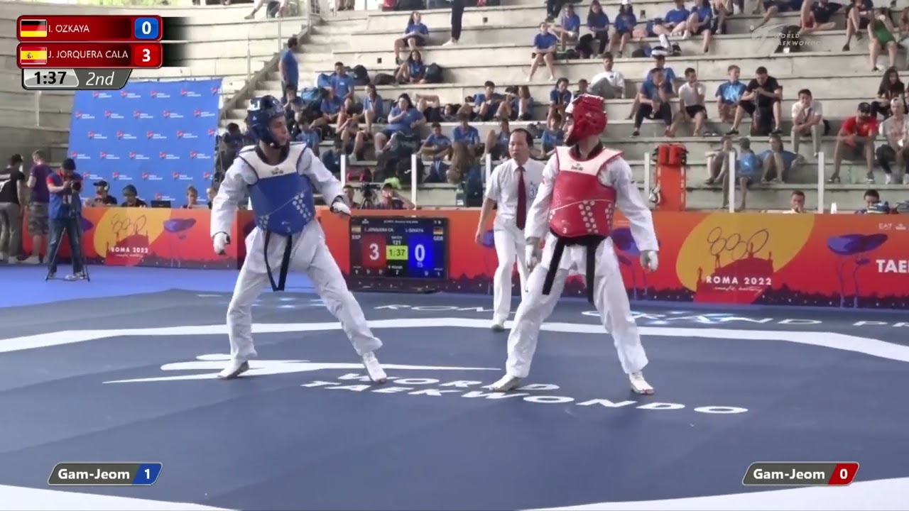 121 M-68kg R-16 OZKAYA Imran GER 🔵 vs 🔴 JORQUERA CALA Joan ESP I Rome 2022 World Taekwondo GP background