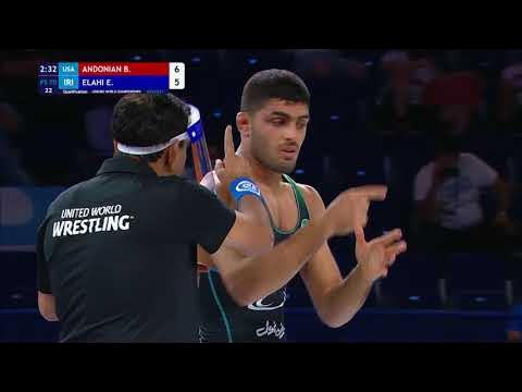 Qual. FS - 70 kg: B. ANDONIAN (USA) v. E. ELAHI (IRI) background