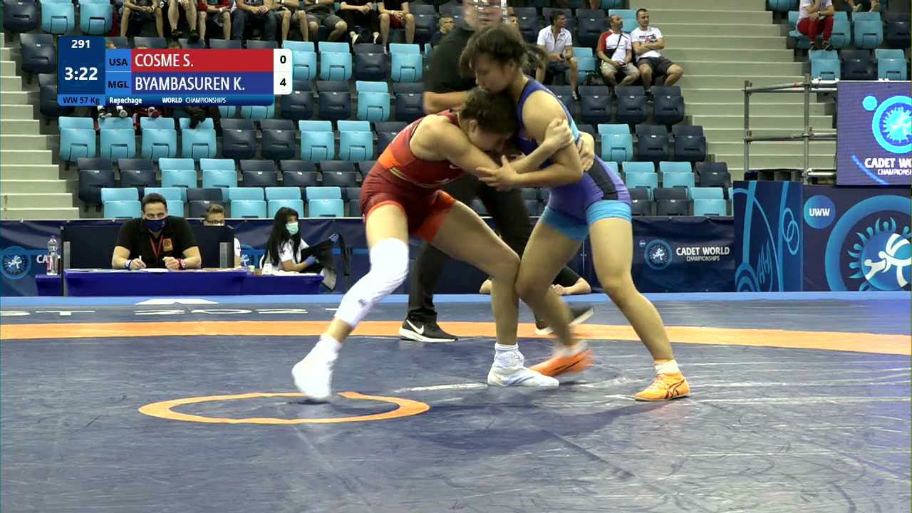 Repechage WW - 57 kg: S. COSME (USA) v. K. BYAMBASUREN (MGL) background
