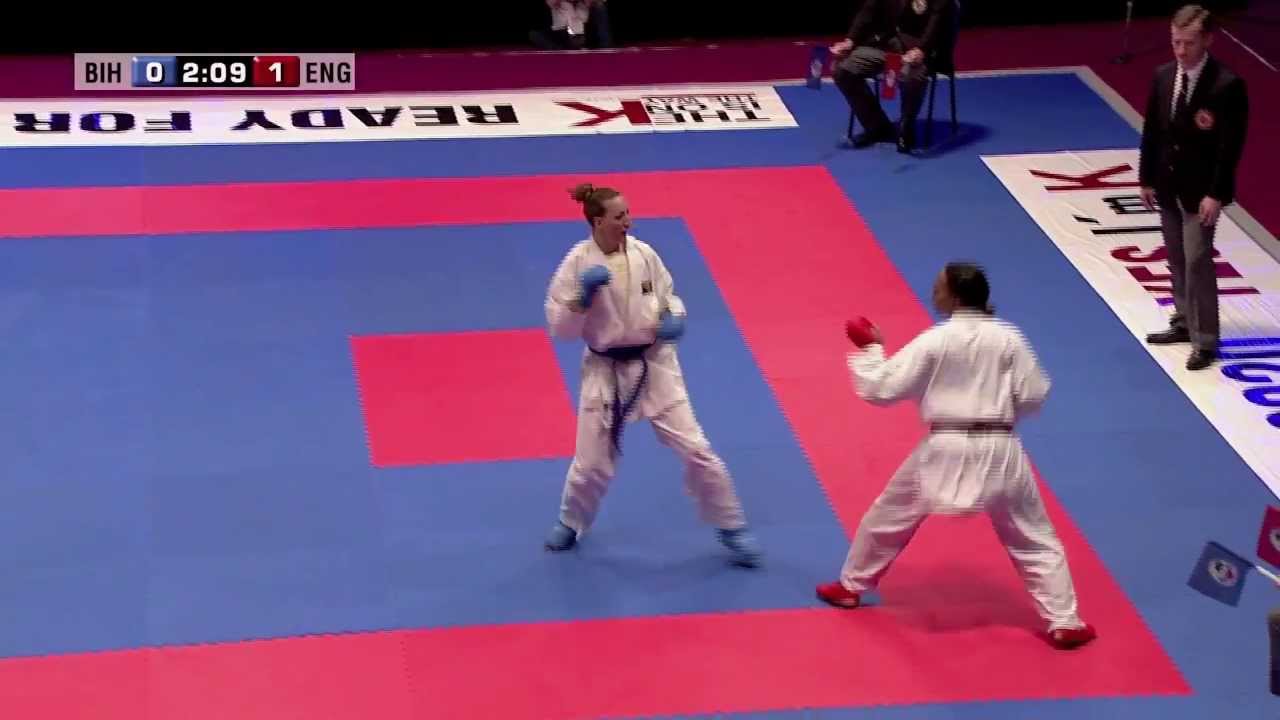 Mirsada Suljkanovic vs Natalie Williams. 48th European Karate Championships. Kumite Female -61kg backdrop