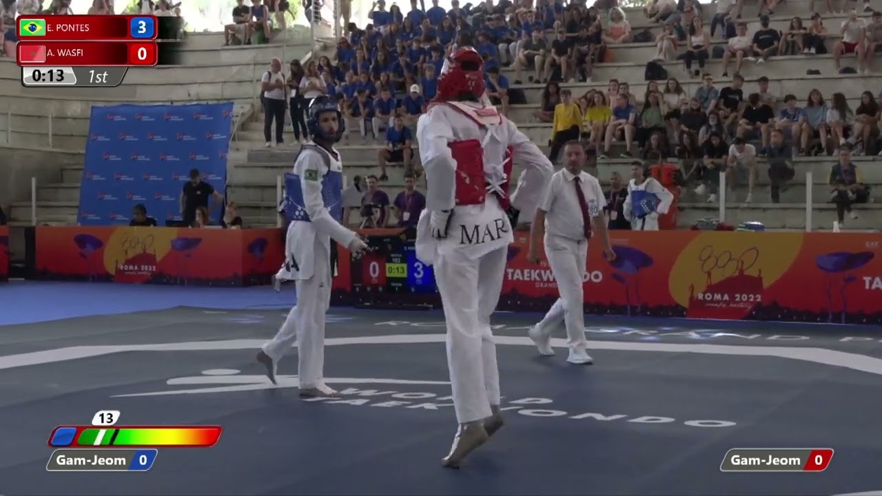 103 M-68kg R-32 PONTES Edival BRA ЁЯФ╡ vs ЁЯФ┤ WASFI Abdelbasset MAR I Rome 2022 World Taekwondo GP background
