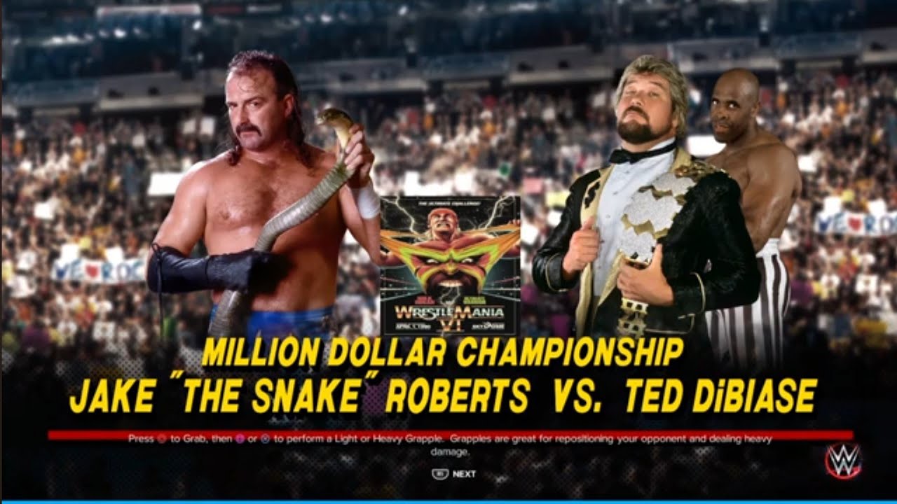 Jake Roberts vs Ted Dibiase. WrestleMania 6. WWE 2K23 background