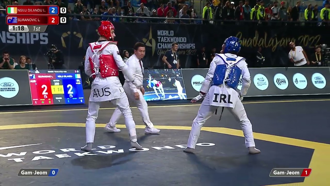 209 M-74kg R-32 NSILU DILANDU L. IRL ЁЯФ╡ vs ЁЯФ┤ SEJRANOVIC L. AUS I Guadalajara 2022 WT Championships background