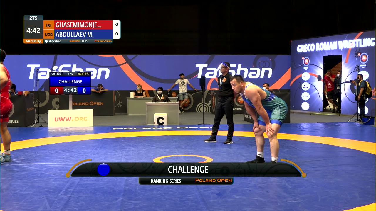 Qual. GR - 130 kg: A. GHASEMIMONJE (IRI) v. M. ABDULLAEV (UZB) background
