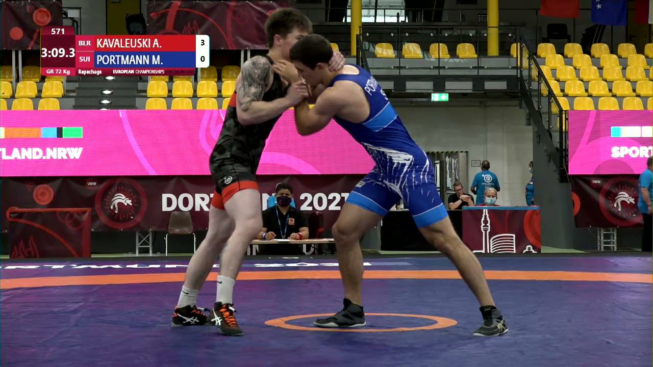 Repechage GR - 72 kg: A. KAVALEUSKI (BLR) v. M. PORTMANN (SUI) background
