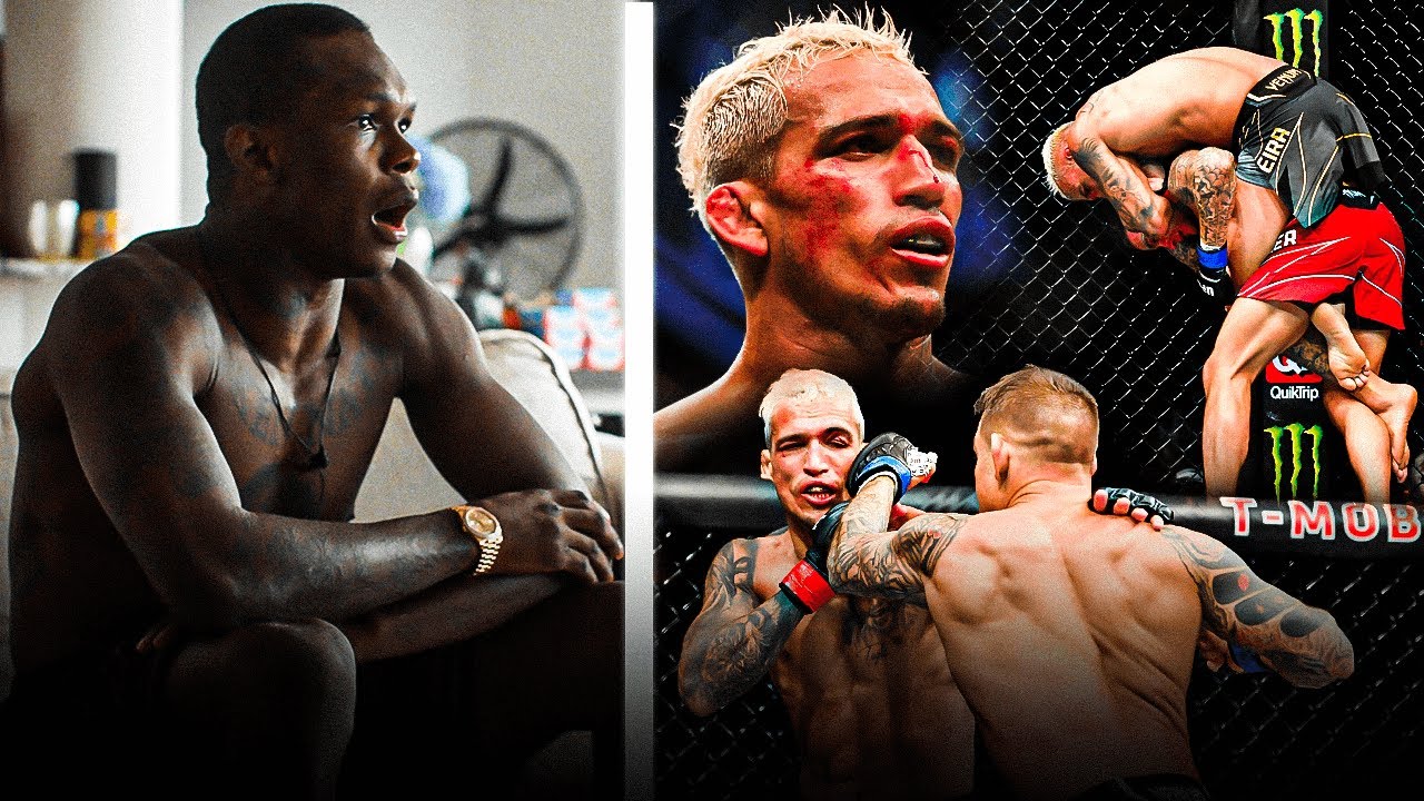 Israel Adesanya Reacts to Charles Oliveira vs Dustin Poirier at UFC269 backdrop
