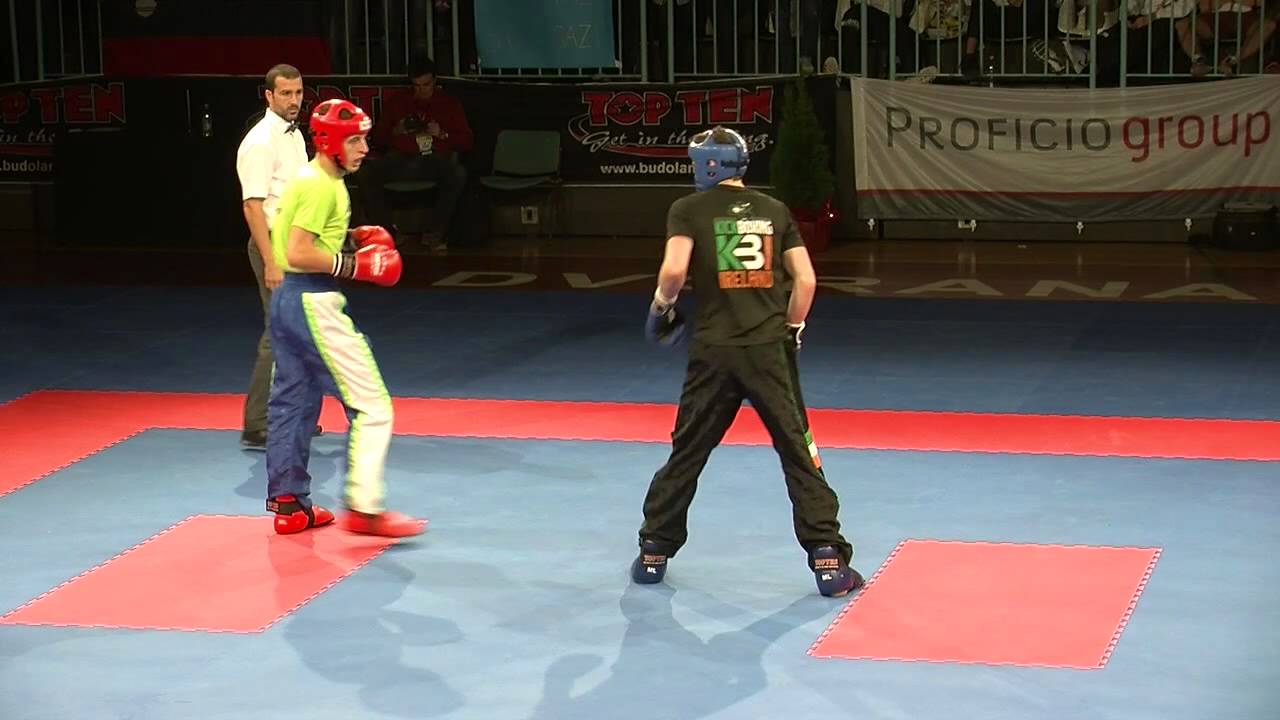 Nejc Gazvoda SLO v Dessie Leonard IRL WAKO European Championships 2014 backdrop