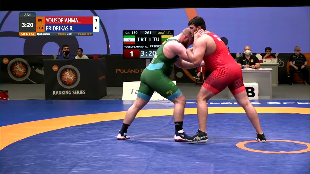 Qual. GR - 130 kg: A. YOUSOFIAHMAD (IRI) v. R. FRIDRIKAS (LTU) background