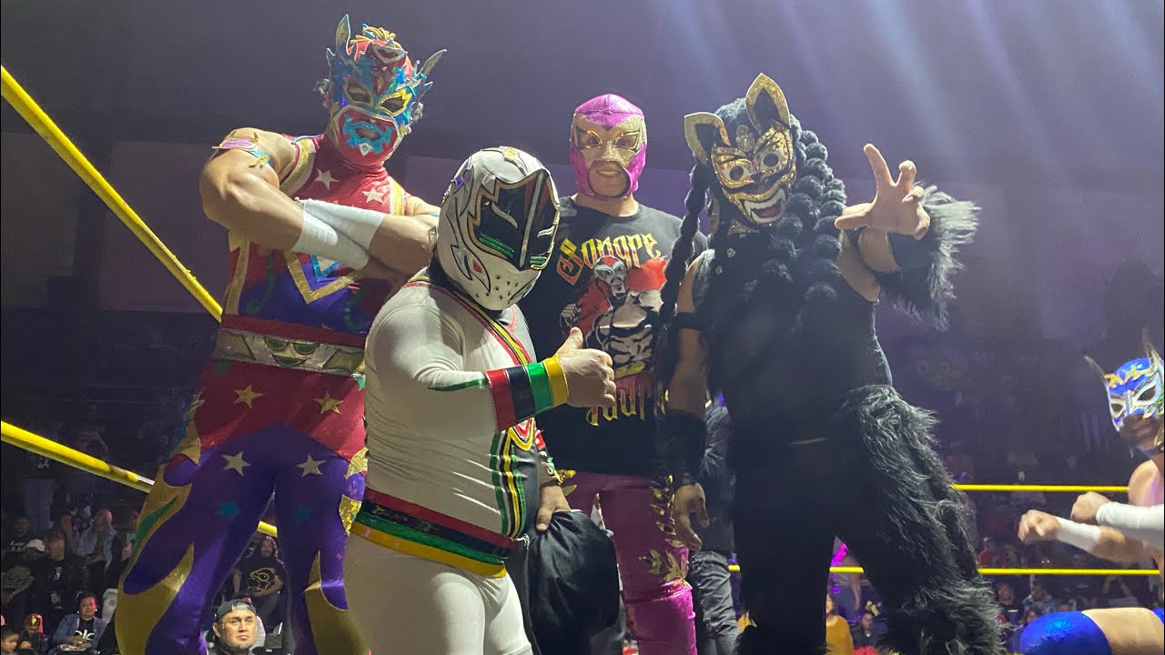 Mascarita Sagrada, Lobito, Majestic y Sangre Taurina 🆚 Radiante, Torito Negro, Arceus y Laredo Black background