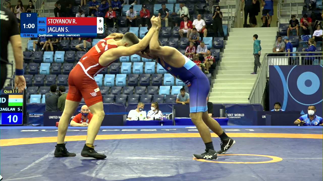 Qual. FS - 80 kg: R. STOYANOV (BUL) v. S. JAGLAN (IND) background