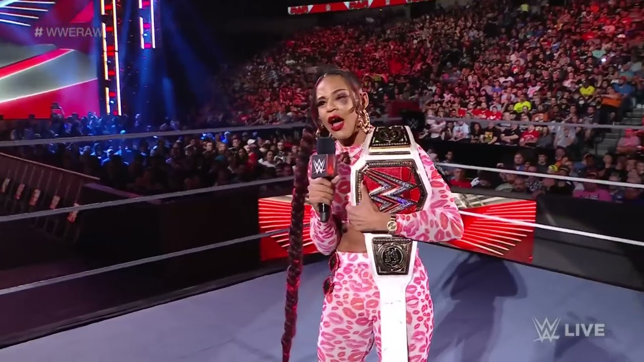 Bianca Belair celebrates winning the Raw Women’s Championship at WrestleMania: Raw, April 04, 2022