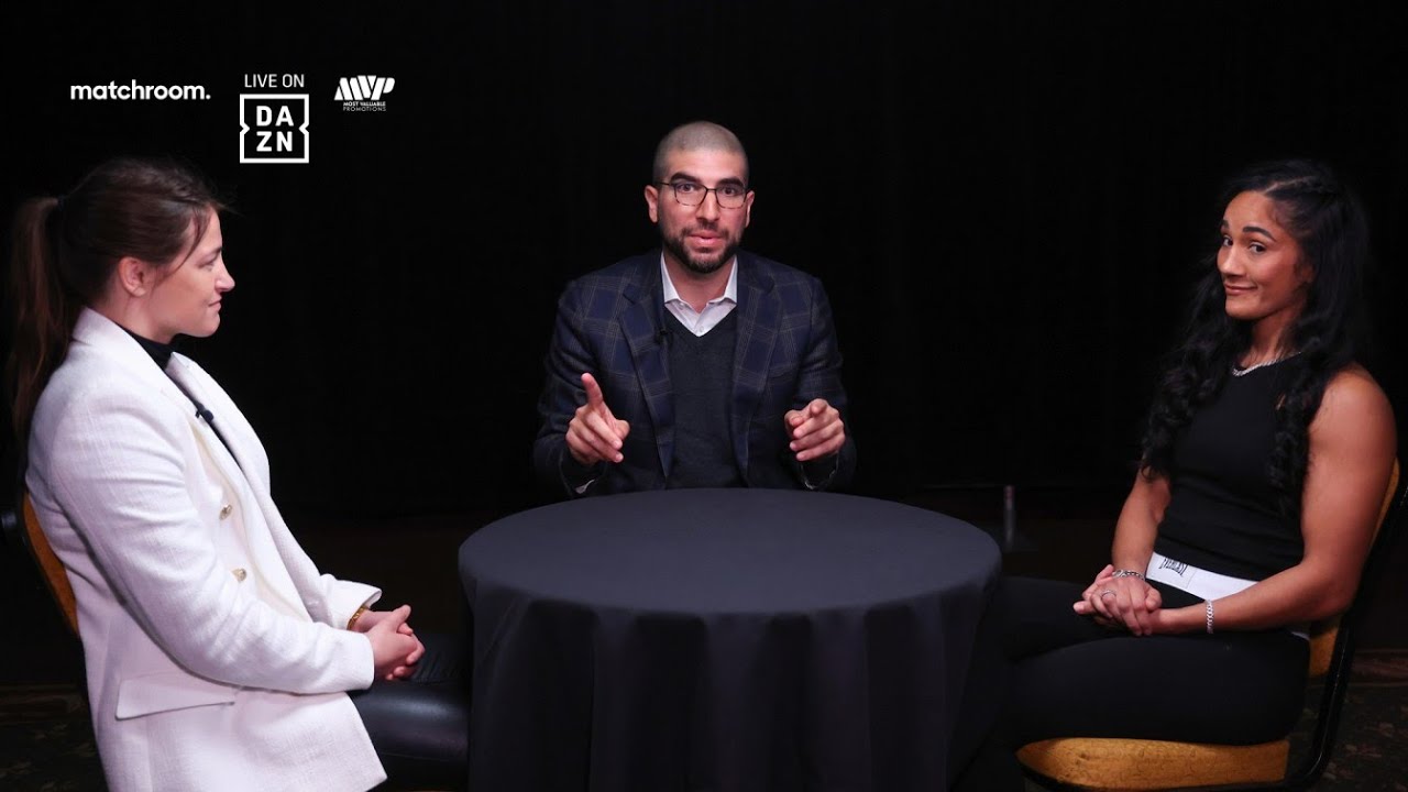 Face To Face: Katie Taylor vs Amanda Serrano With Ariel Helwani background