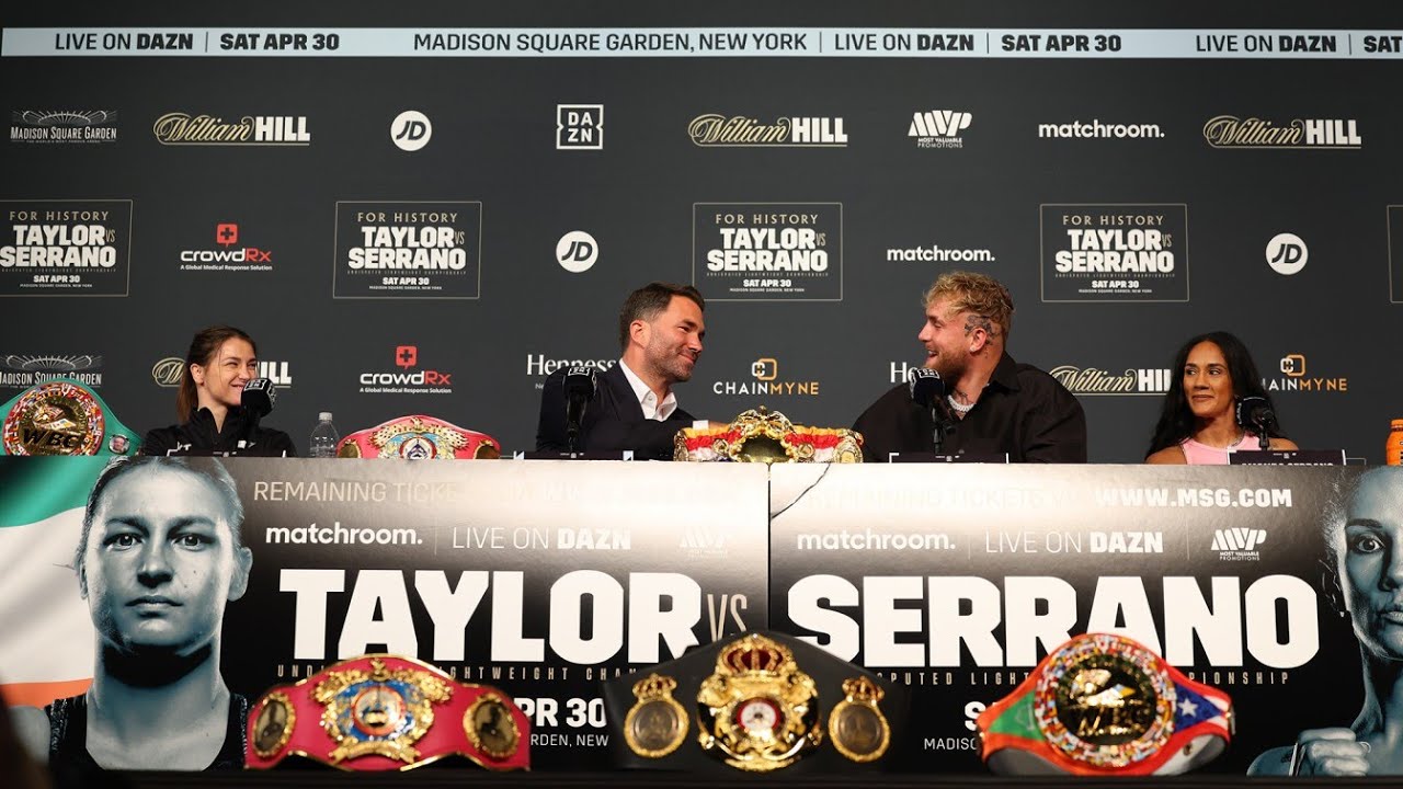 Eddie Hearn & Jake Paul shake on $1 million dollar bet for Taylor vs Serrano background