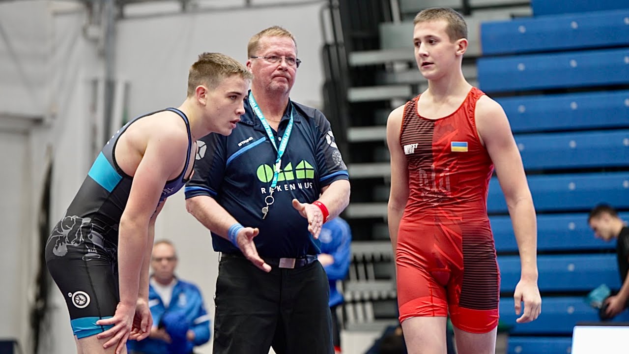U15 H. Yevsieiev (UKR) vs T. Peltonen (SWE) 68kg. Youth boys greco-roman wrestling. backdrop