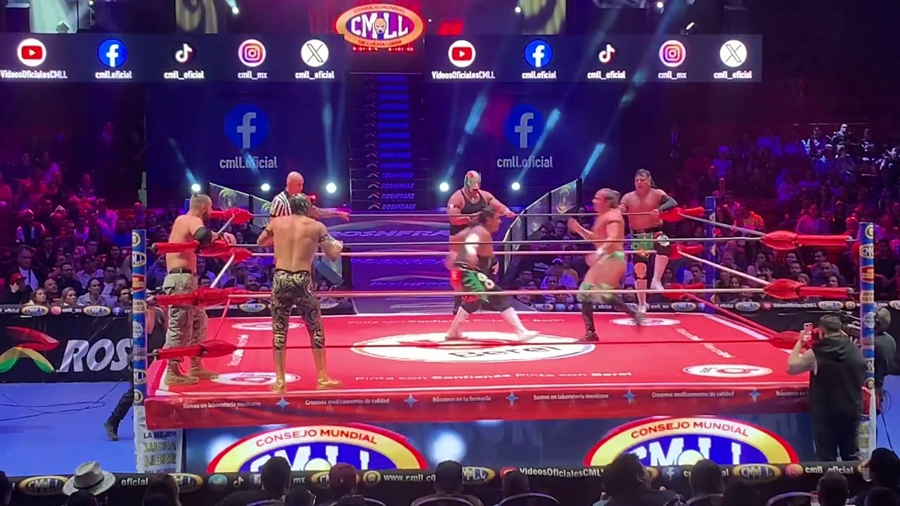 Último Guerrero, Stuka Jr y Grab Guerrero 🆚 Volador Jr, Máscara Dorada y Flip Gordon Arena México background