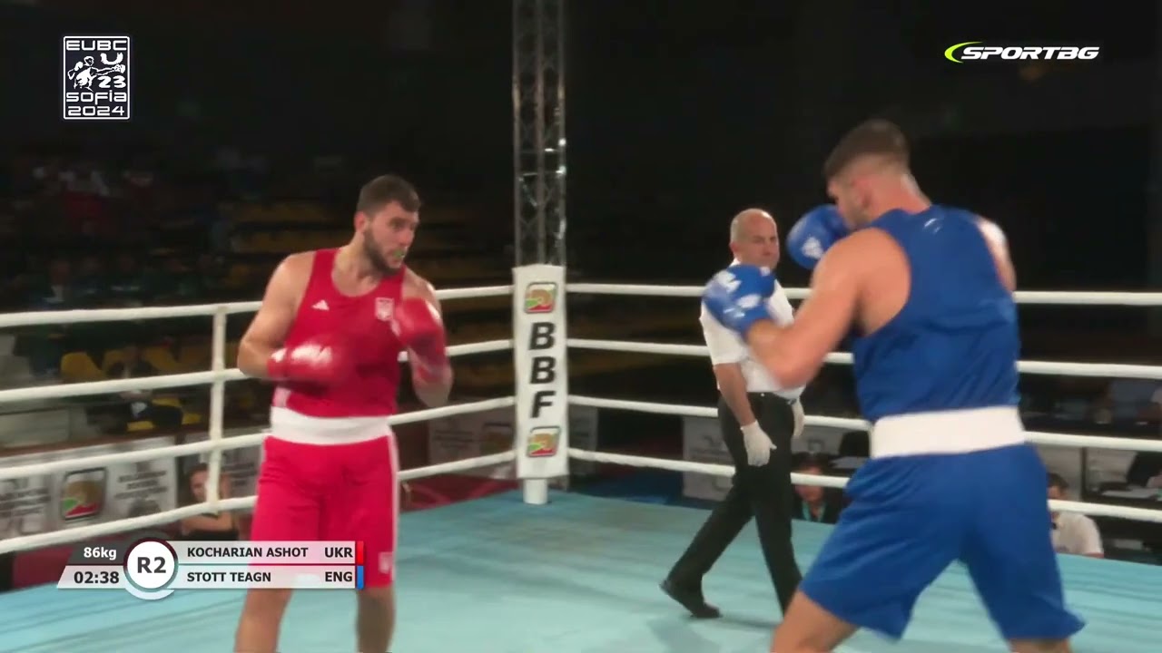 Teagn Stott (ENG) vs. Ashot Kocharian (UKR) EUBC U23 Championships 2024 Final (86kg) background