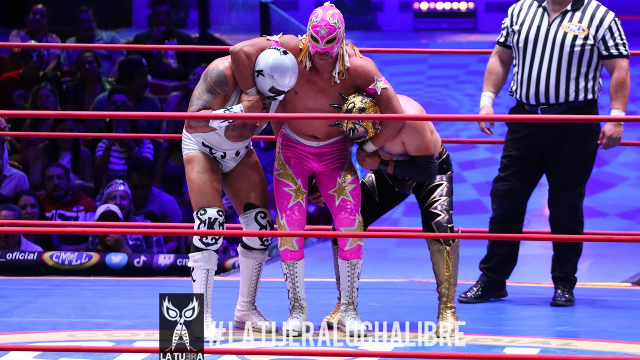 Valiente Jr, Eléctrico y Max Star Vs Dr. Karonte I, Inquisidor y Dr. Karonte II en la Arena México background