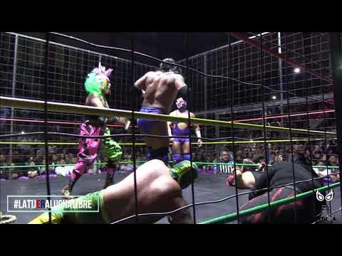 Jaula de Sábado de Gloria 12 luchadores apostando máscaras y cabelleras en la Arena Neza background