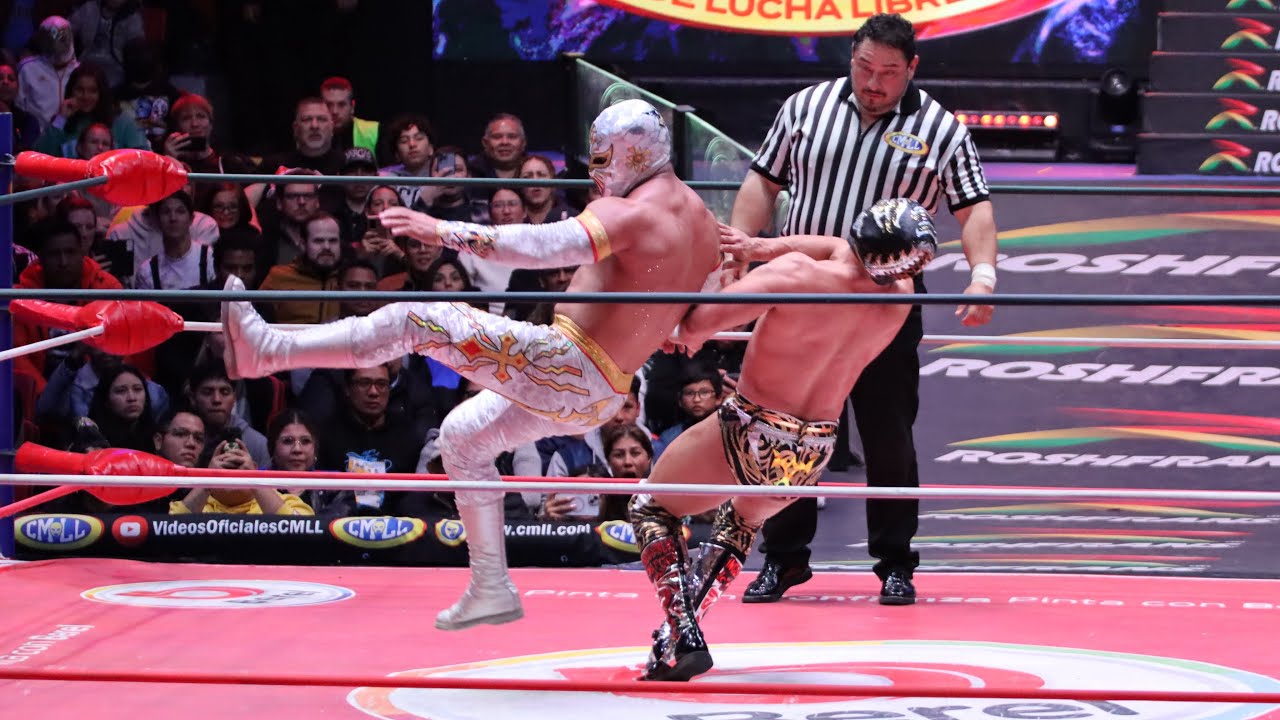 Místico, Hechicero y Máscara Dorada Vs Volador Jr. Averno y Titán, Arena México background
