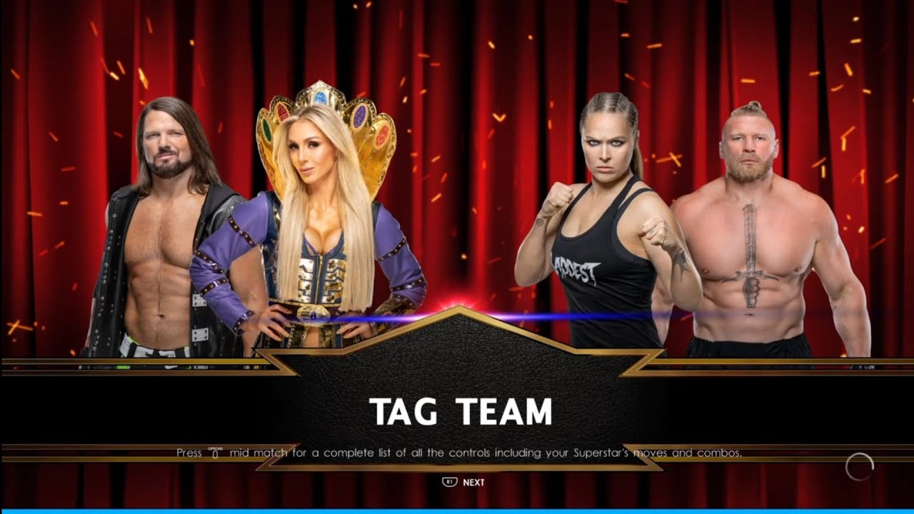AJ Styles & Charlotte vs Rousey & Brock Lesnar. WrestleMania Hollywood. WWE 2K22 background