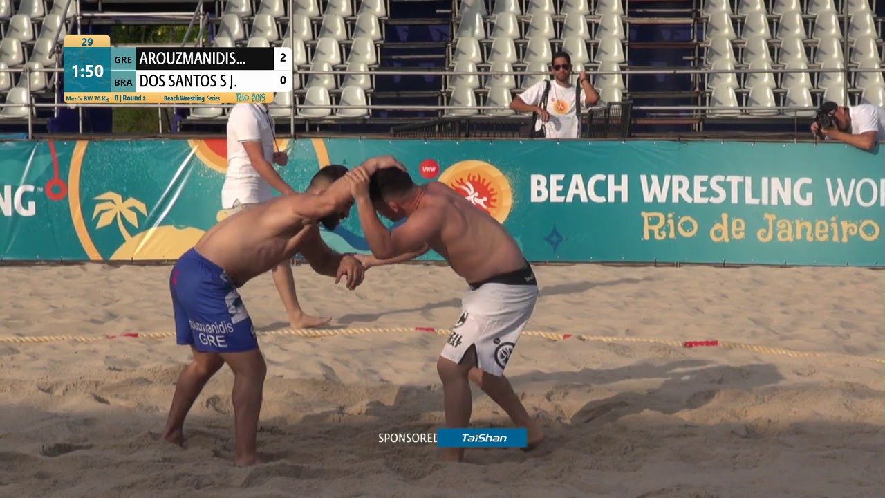 Round 2 Men's BW - 70 kg: N. AROUZMANIDIS (GRE) v. J. DOS SANTOS S (BRA) background