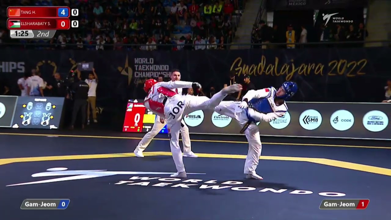 413 M-80kg R-32 TANG Hao CHN 🔵 vs 🔴 ELSHARABATY Saleh JOR I Guadalajara 2022 WT Championships background