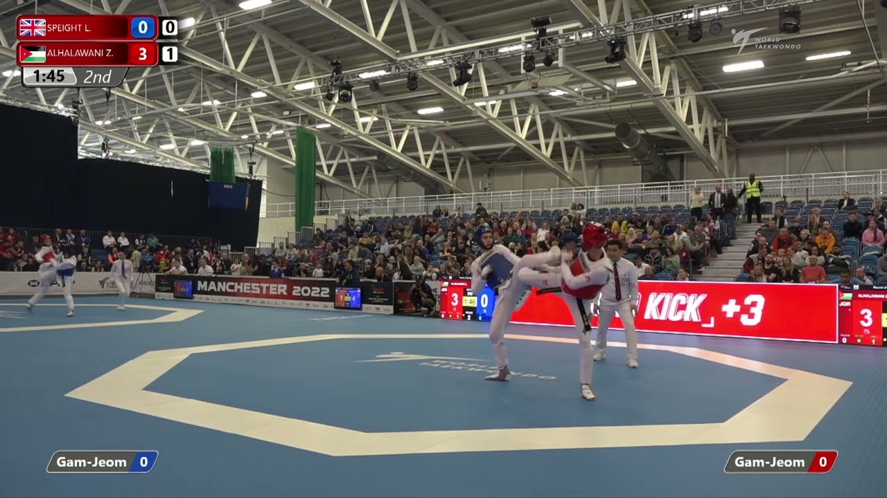 209 R-32 M-68kg 🔵 SPEIGHT Leo GBR vs 🔴 ALHALAWANI Zaid JOR I Manchester 2022 World Taekwondo GP background