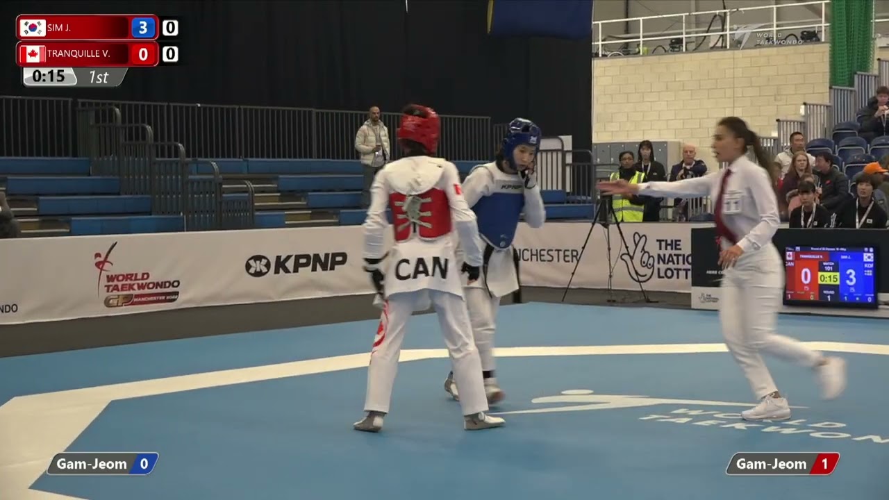 101 R-32 W-49kg 🔵 SIM Jaeyoung KOR vs 🔴 TRANQUILLE Viviane CAN I Manchester 2022 World Taekwondo GP background