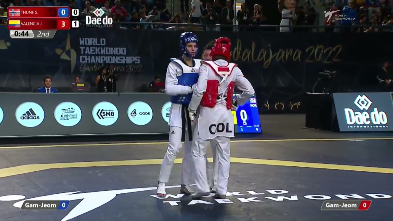 313 M-74kg R-32 THUNE S. NOR 🔵 vs 🔴 VALENCIA J. S. COL I Guadalajara 2022 WT Championships background