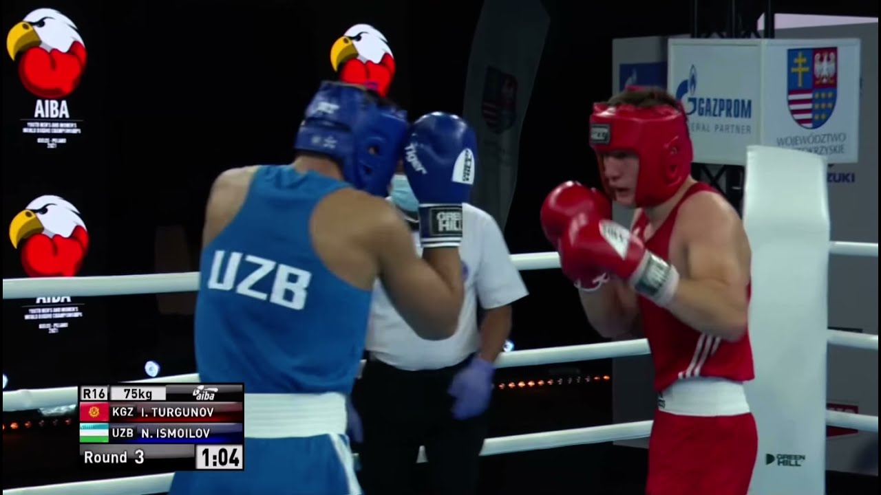 Nurislom Ismoilov (UZB) vs. Islombek Turgunov (KGZ) AIBA Youth World Championships 2021 (75kg) backdrop