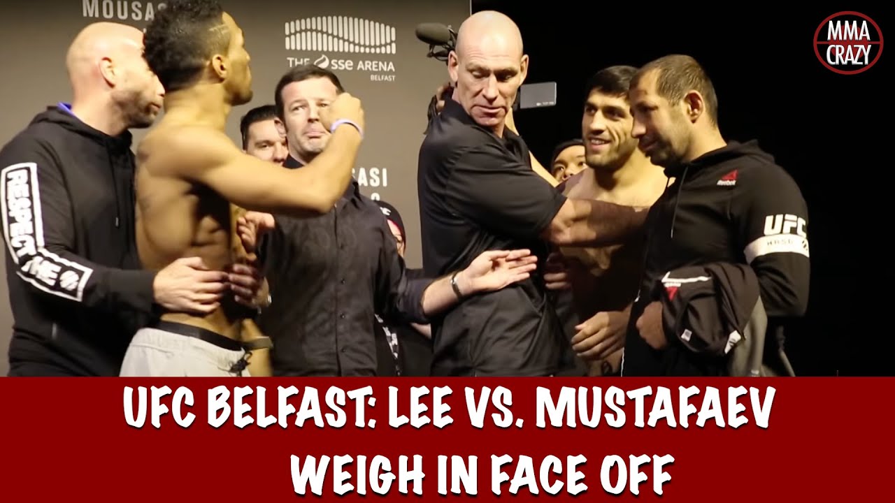 UFC Fight Night Belfast Kevin Lee vs. Magomed Mustafaev weigh in Face Off background