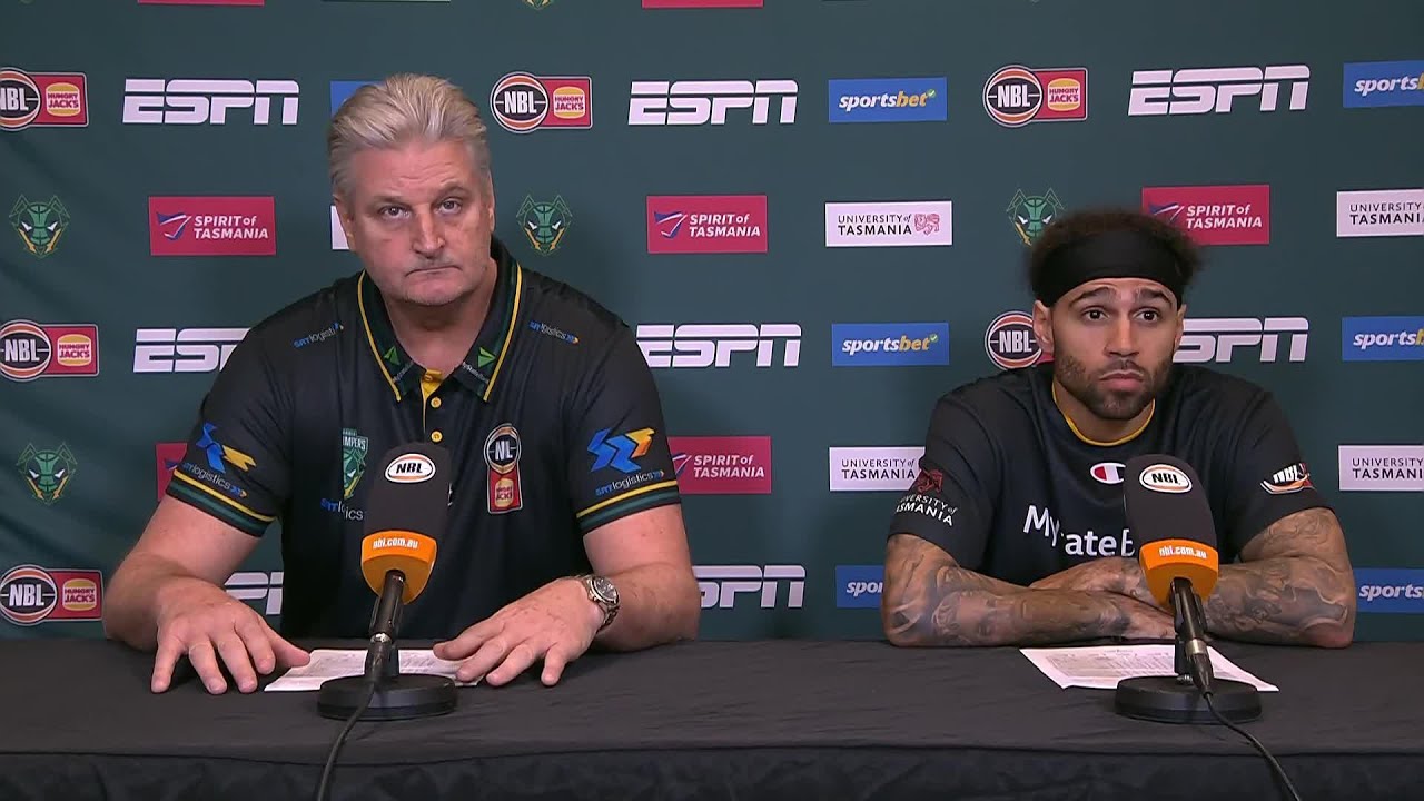 Scott Roth and Jordon Crawford press conference vs New Zealand Breakers - Round 8, NBL25 backdrop