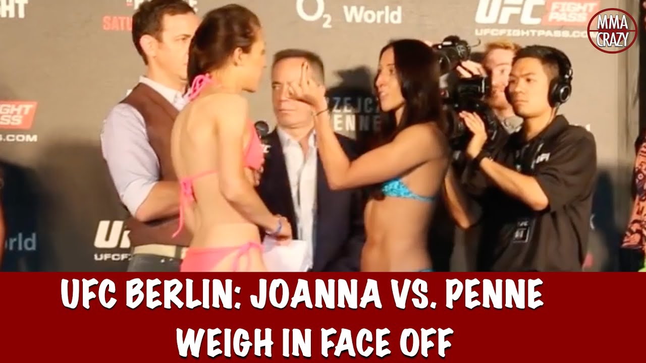 UFC Fight Night Berlin Joanna Jedrzejczyk vs. Jessica Penne weigh-in Face Off background