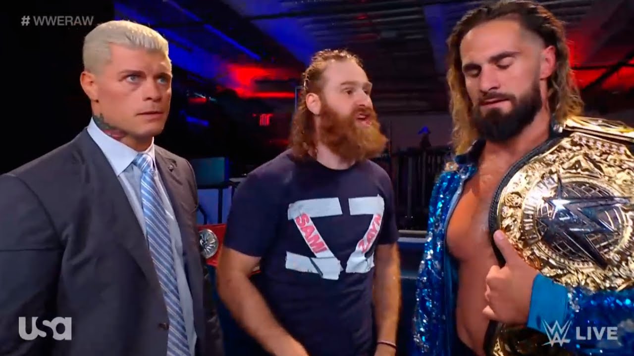 Cody Rhodes, Seth Rollins and Sami Zayn argue backstage - WWE RAW 8/7/2023 background