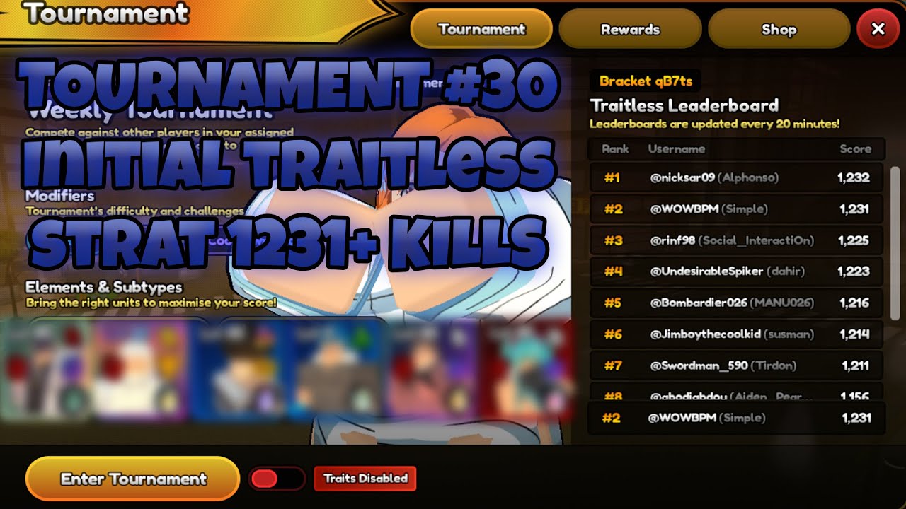 Tournament #30 (1231+ kills) initial Traitless Strat in Roblox Anime Last Stand