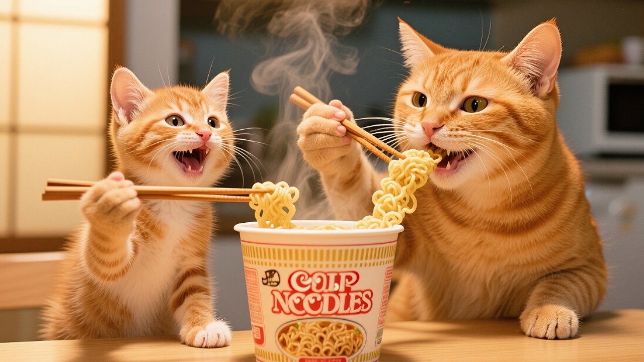 No Money Kitten Shares Noodles with Momπβ€οΈ#cute #cat #funny #animals #viralvideo #kitten